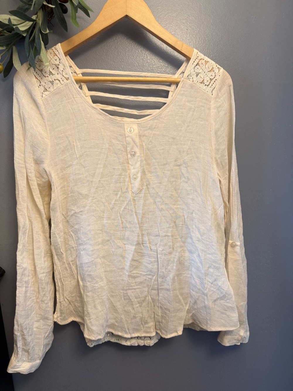 MINE Cream Long Sleeve Lace Shoulder Henley Top